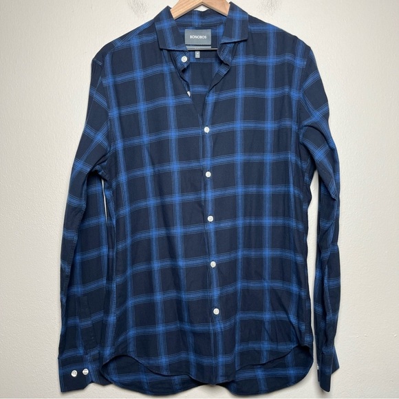 Bonobos Men Button Down Shirt Medium Blue‎ Black Plaid Slim Fit Cotton Flannel - Picture 1 of 9